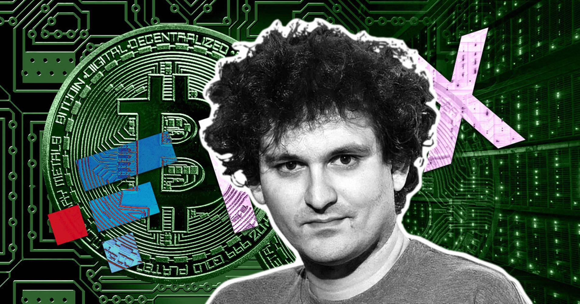 Cryptocurrency 桌布 壁紙 — 一幅黑白肖像，一名捲髮男子，背景為綠色電路板，帶有比特幣標誌和粉紅色「X」符號。