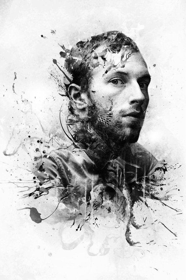 Chris Martin 桌布 壁紙 — 一幅黑白肖像，墨水飛濺和抽象筆觸從男子頭部向外輻射。