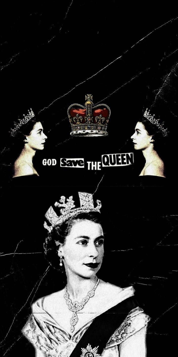 Queen Elizabeth 桌布 壁紙 — 一幅黑白肖像，描繪伊莉莎白二世女王戴著王冠，並帶有「God Save The Queen」文字，背景呈裂紋效果。