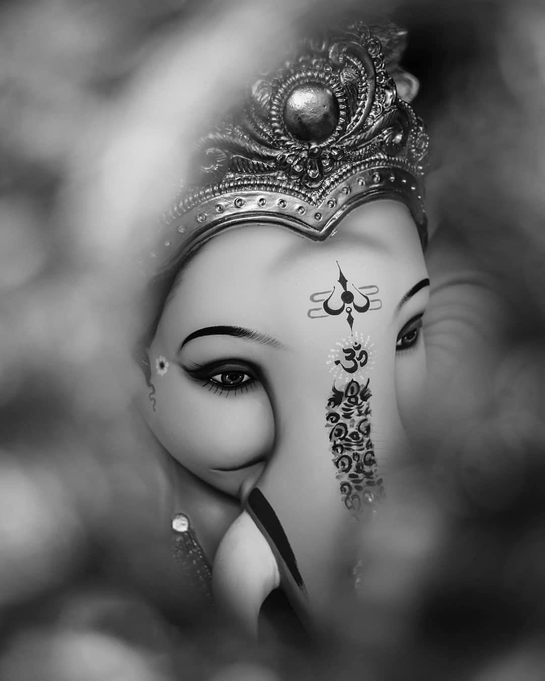 Ganesh 桌布 壁紙 — 一幅黑白肖像，描繪象神格涅沙，周圍是模糊的樹葉，臉上有複雜的紋身和華麗的王冠。