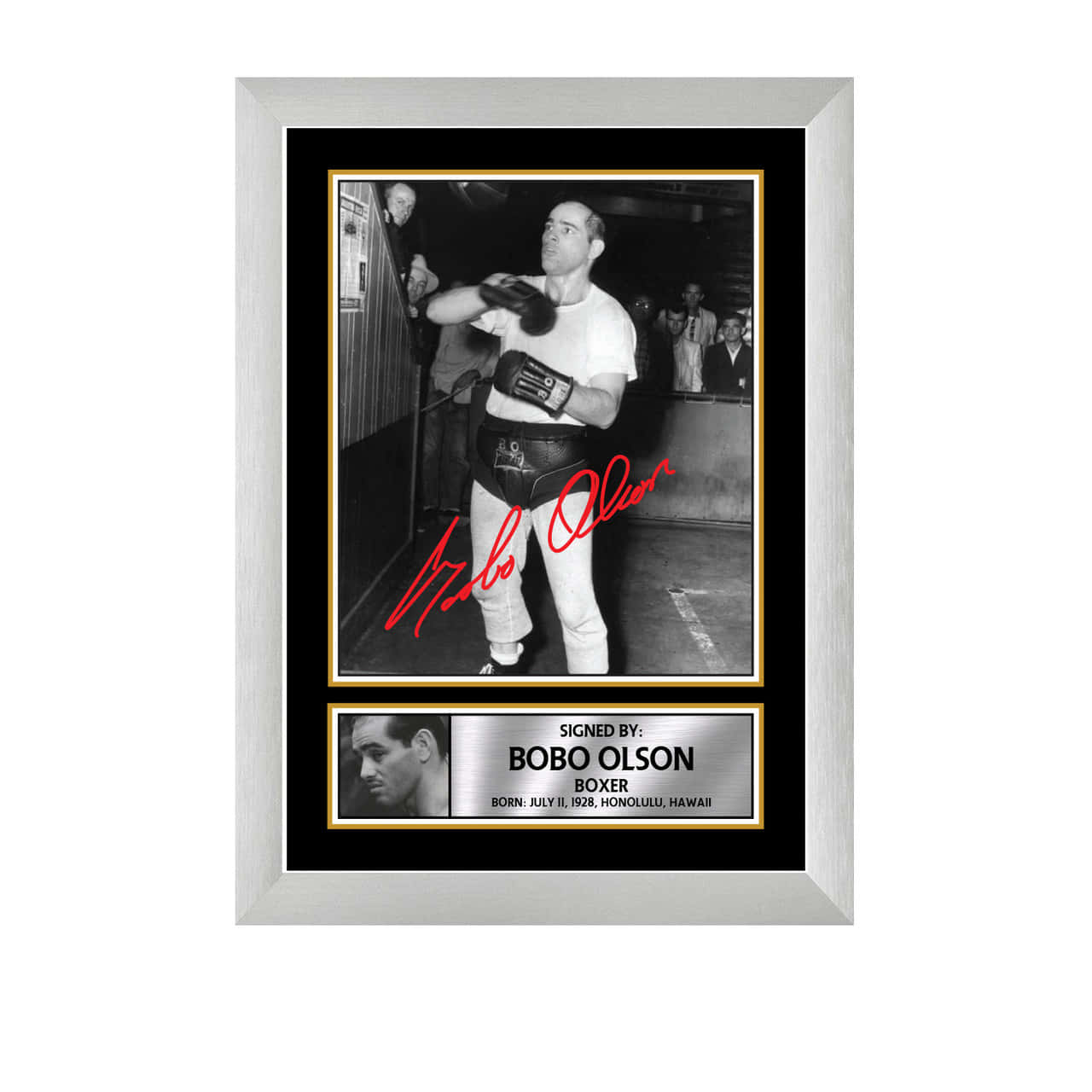 Boxing 桌布 壁紙 — 一幅黑白裱框照片，拳擊手Bobo Olson擺出戰鬥姿勢，下方有紅色簽名和生平簡介牌。