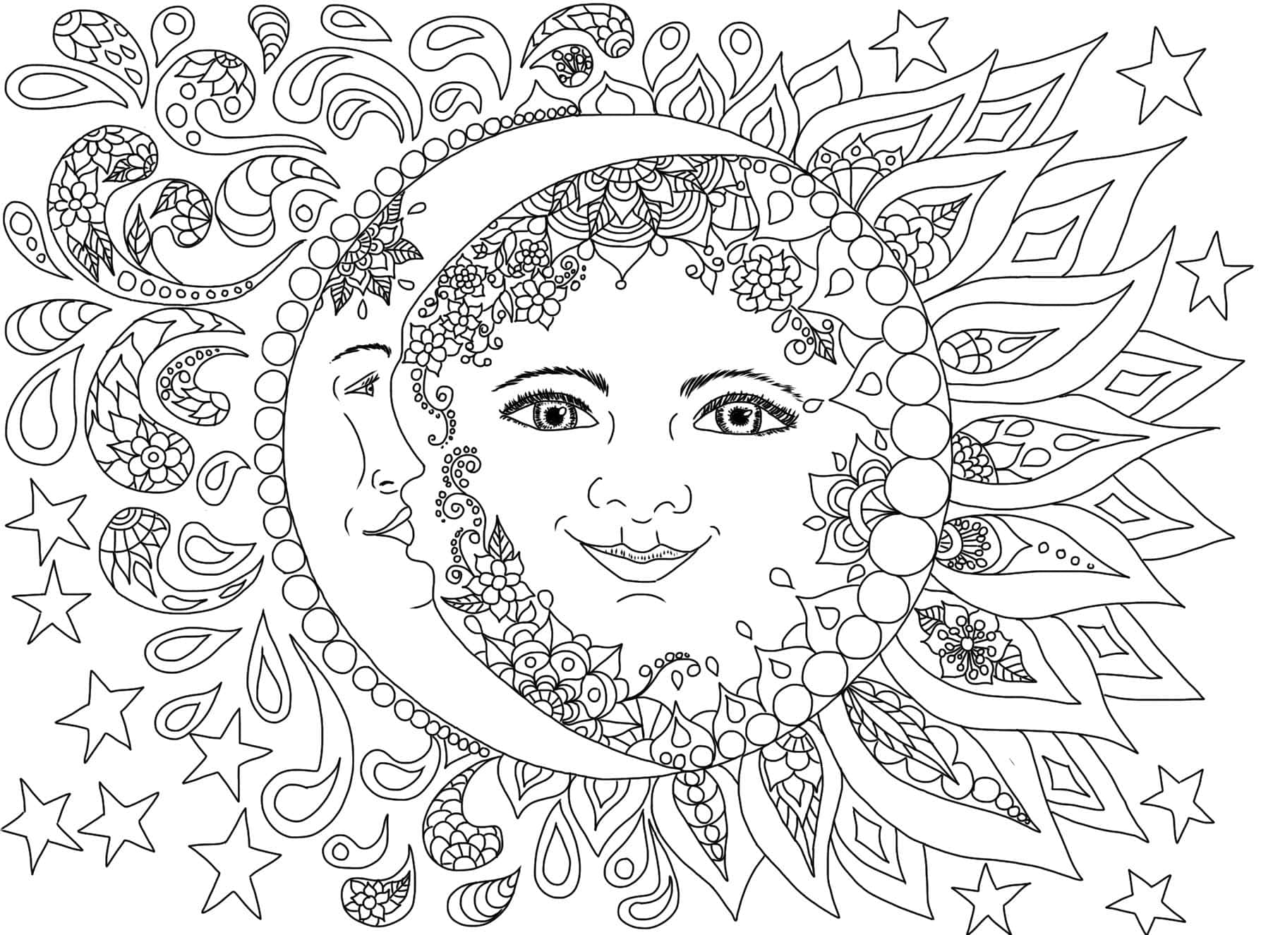 coloring 桌布 壁紙 — 一幅黑白複雜線條藝術，描繪一個微笑的彎月，帶有詳細的佩斯利和花卉圖案，周圍環繞著星星。