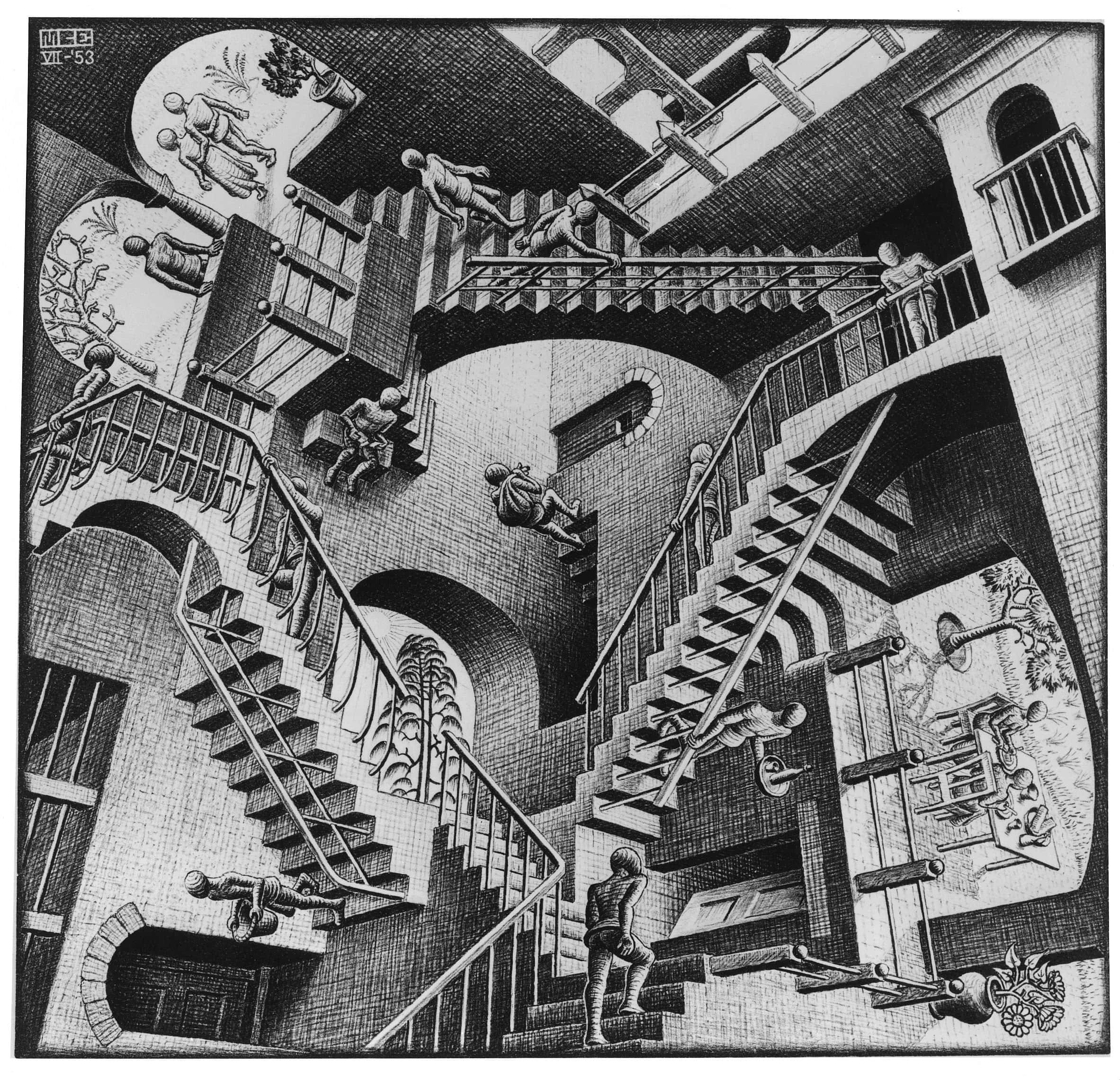 escher 桌布 壁紙 — 一幅黑白超現實插圖，描繪了違反重力的樓梯，人物在不可能的建築循環中攀爬和墜落。