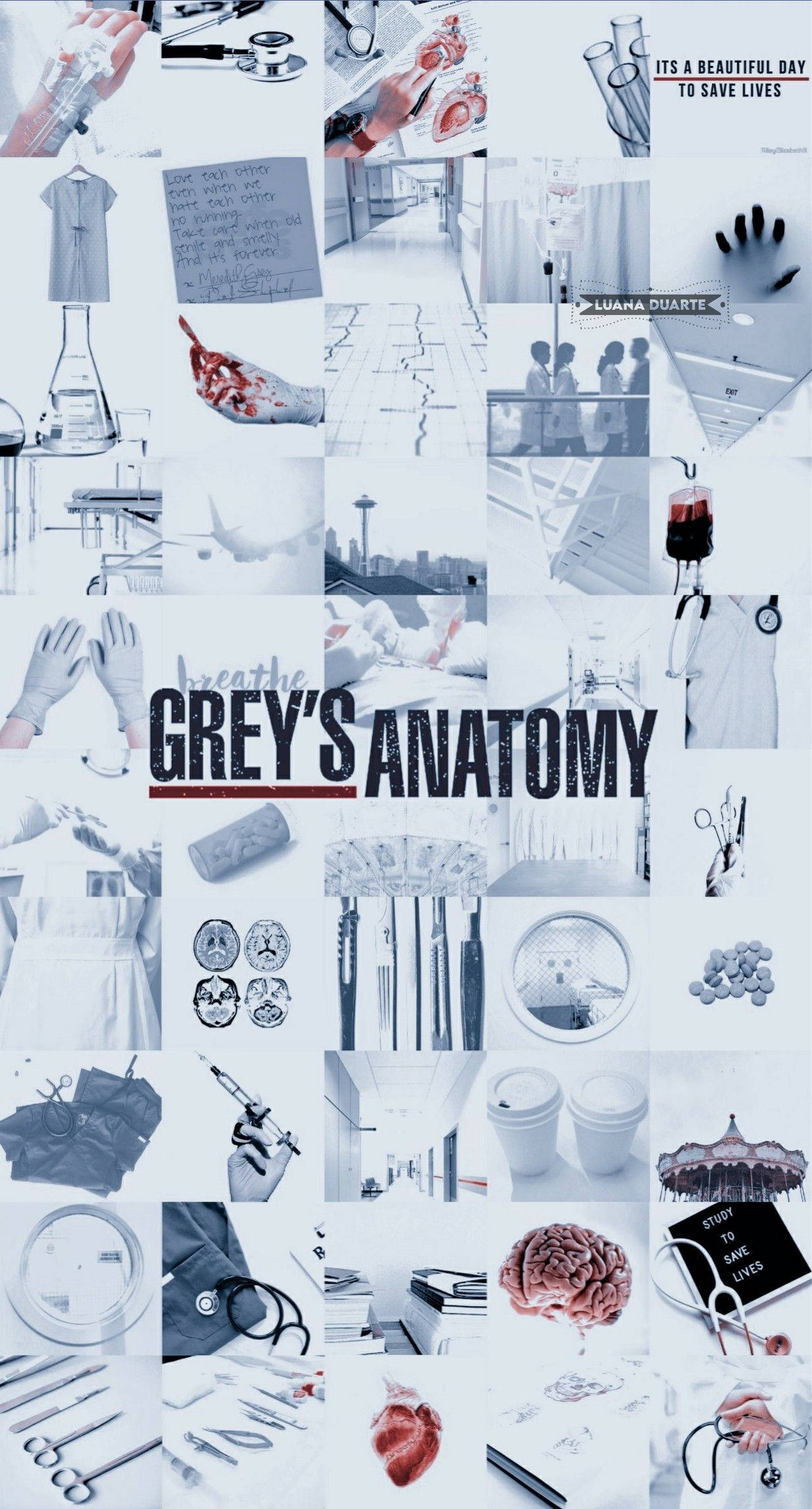 anatomy 桌布 壁紙 — 一幅黑白醫學圖像拼貼，包括進行手術的手、解剖器官、聽診器和醫院場景，標題為《實習醫生》。