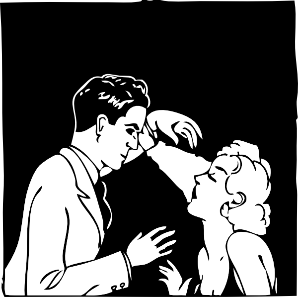 Hypnosis 桌布 壁紙 — 一幅黑白風格化的插圖，描繪一男一女在浪漫擁抱中雙手觸碰。