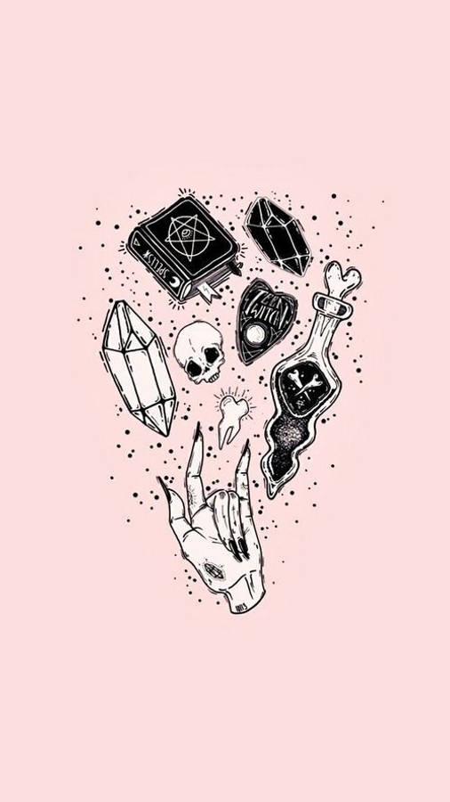 粉嫩哥德 桌布 壁紙 — 一幅黑色墨水插圖，描繪一隻長指甲的手伸向漂浮的神秘符號，背景為柔和的粉紅色。