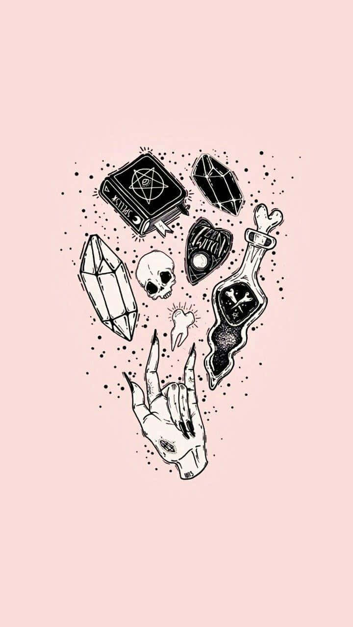 Witchy Phone 桌布 壁紙 — 一幅黑色墨水插圖，描繪了神秘符號，包括一隻手、一個頭骨、水晶和一本書，漂浮在柔和的粉紅色背景上。