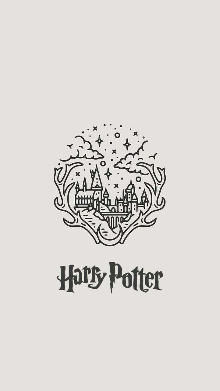 Harry Potter Black And White 桌布 壁紙 — 一幅黑色線條插圖，描繪霍格華茲城堡被鹿角框住，下方有星空和哈利波特標題。