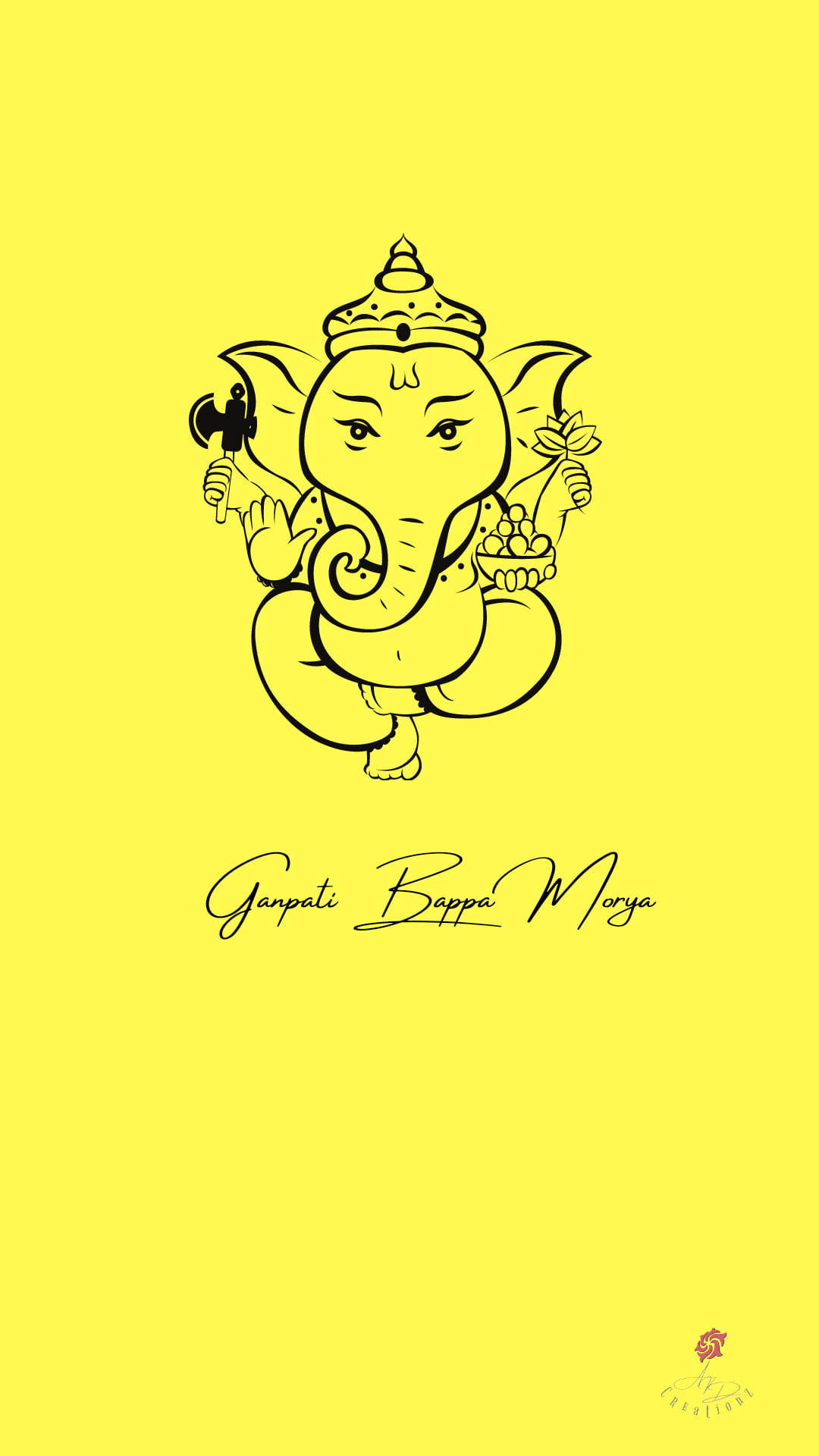 Greetings 桌布 壁紙 — 一幅黑色線條藝術插圖，描繪象神格涅沙手持莫達克和斧頭，背景為純黃色，下方有草書文字。