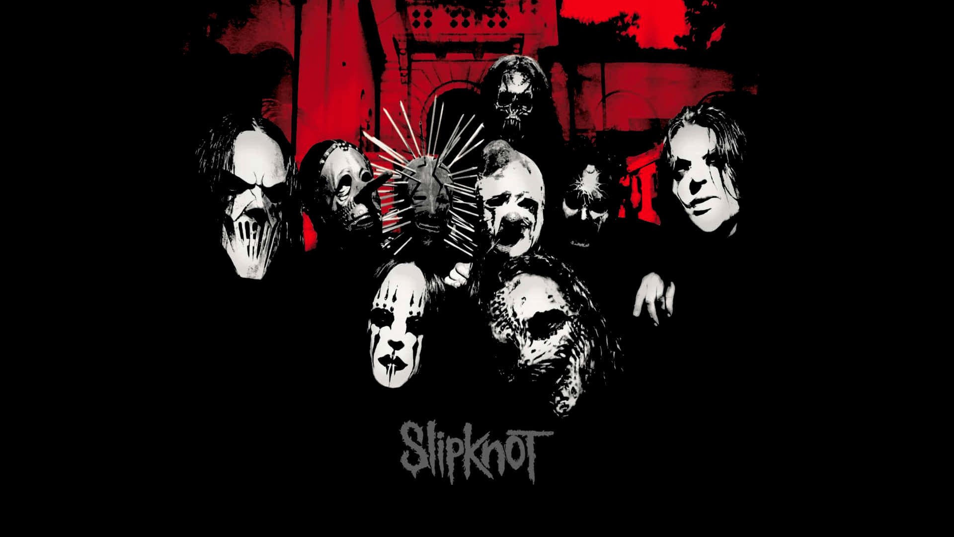 Slipknot 桌布 壁紙 — 一幅黑色背景上，Slipknot 樂團成員戴著面具和紅色潑濺的暗色圖形插圖。