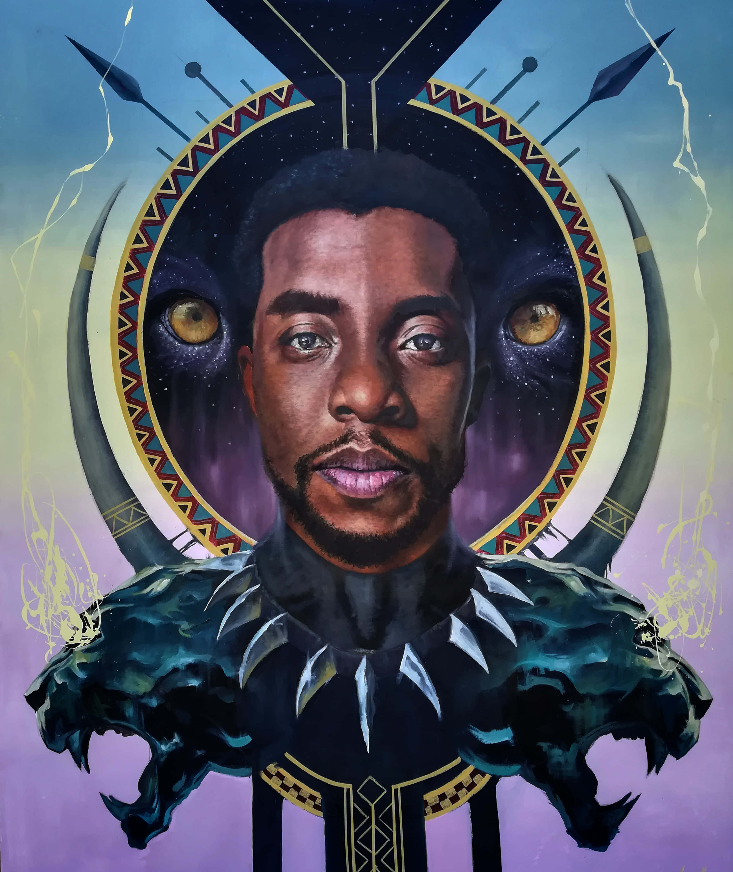 Afrofuturism 桌布 壁紙 — 一幅黑豹的威嚴肖像，以宇宙之眼和部落圖案框住，背景是星空漸變天空。