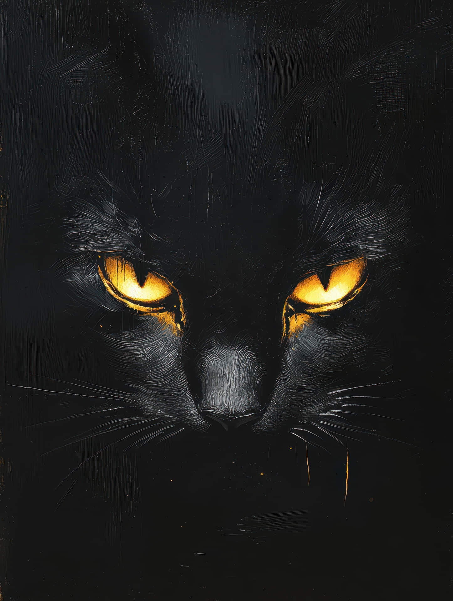 Glowing Yellow Eyes of a Black Cat Emerging from Darkness 壁紙 — 一幅黑貓臉部特寫油畫，金色眼睛發光，在黑暗背景下強烈凝視。
