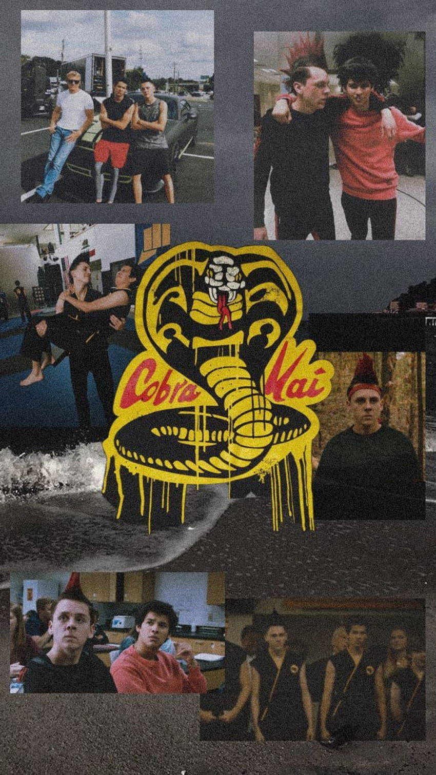 Cobra Kai Phone 桌布 壁紙 — 一幅龐克搖滾場景拼貼畫， featuring 莫霍克頭青少年、滴落的 Cobra Kai 標誌和街頭停車場時刻。