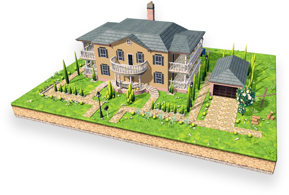 3D 桌布 壁紙 — 一座3D渲染的兩層米色房屋，灰色屋頂和白色陽台，坐落在茂密的綠色草坪上，有石徑和高大的柏樹。