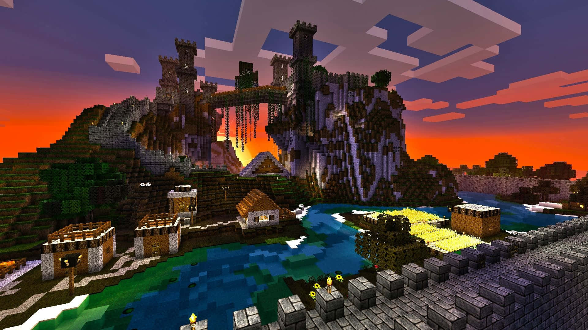 Minecraft Survival 桌布 壁紙 — 一座Minecraft城堡矗立在日落時的懸崖上，下方有像素化的村民和河流。