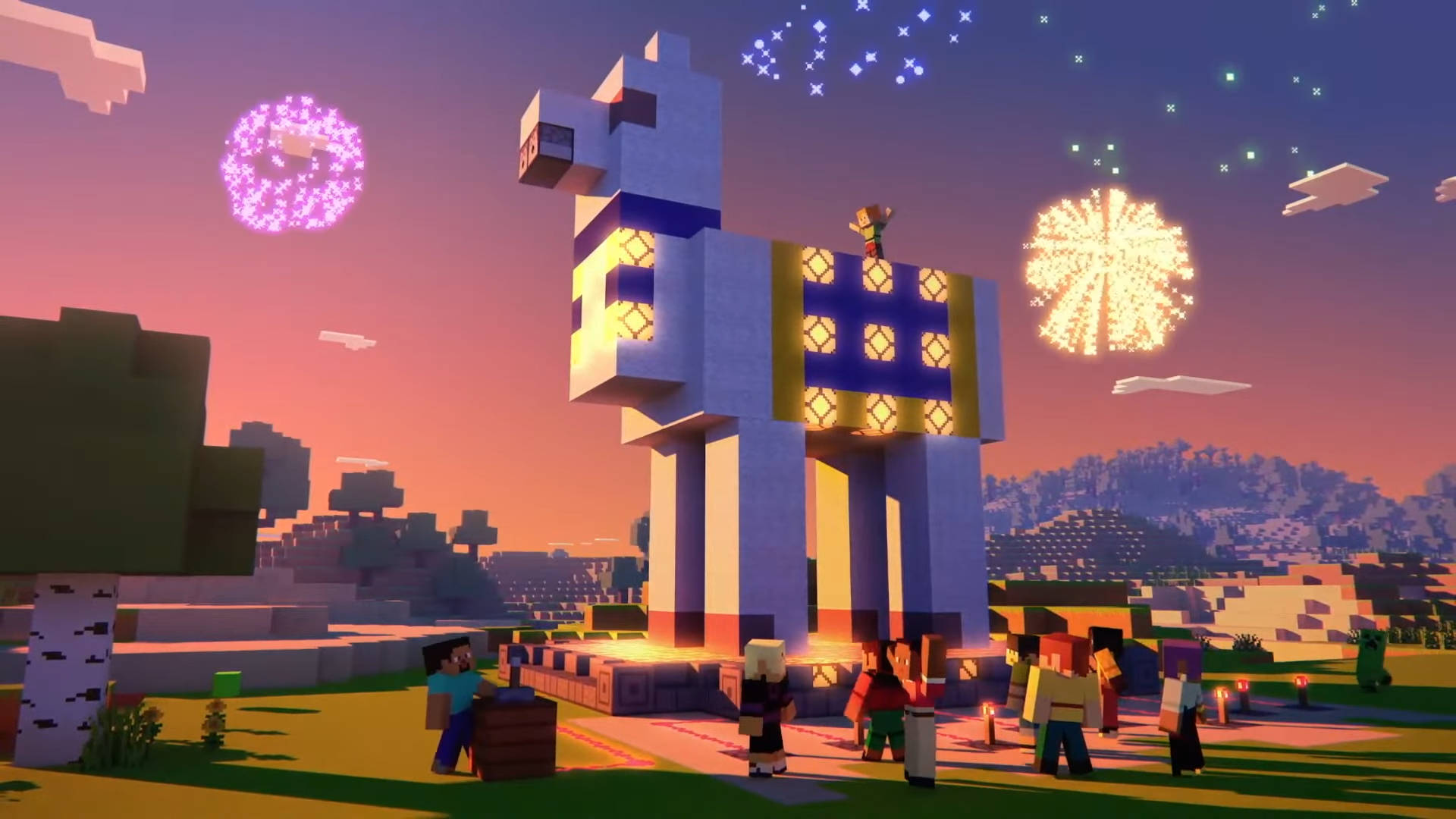 高清 桌布 壁紙 — 一座Minecraft風格、帶有發光窗戶的像素馬雕像高高聳立，角色們在黃昏時分慶祝煙火。
