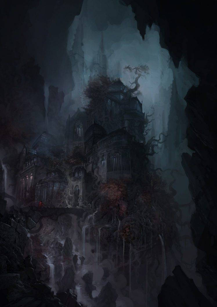 Castlevania 桌布 壁紙 — 一座令人毛骨悚然的哥德式城堡，半被藤蔓和樹根吞沒，位於迷霧籠罩的洞穴中，內部發出微弱的光芒。