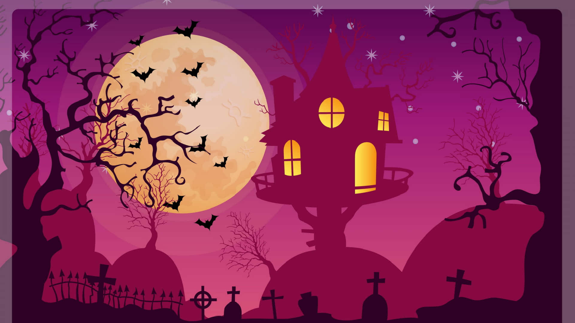 Pink Halloween 桌布 壁紙 — 一座令人毛骨悚然的鬼屋坐落在山丘上，滿月之下，蝙蝠飛舞，下方是墓地。