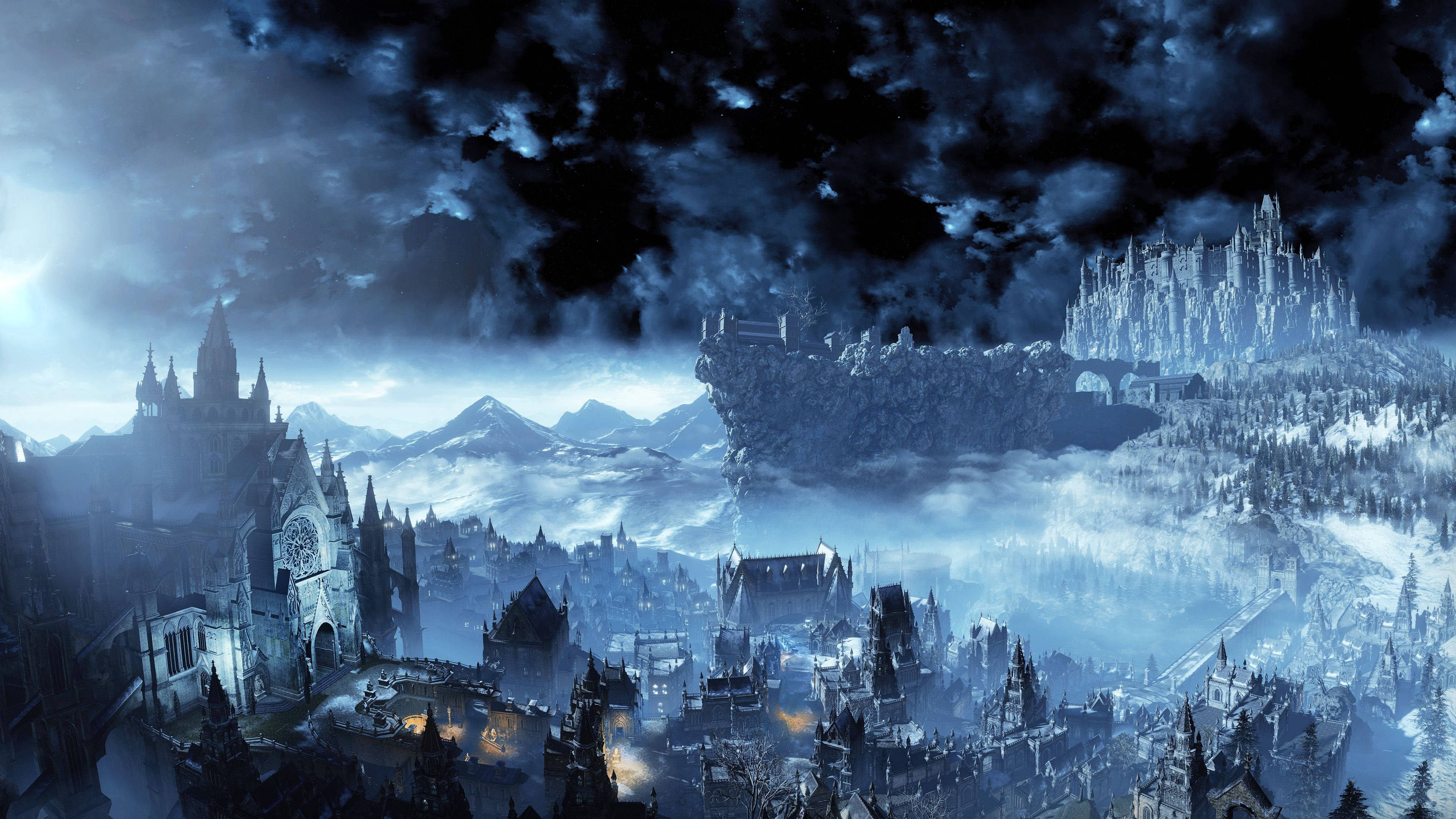 dark souls 4K 桌布 壁紙 — 一座令人難忘的哥德式城市，坐落在白雪皚皚的山脈中，暴風雨夜空中窗戶閃爍著光芒。