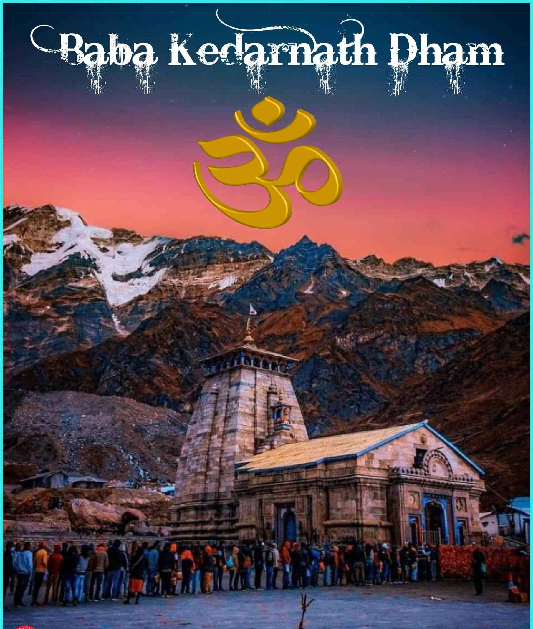 Kedarnath 桌布 壁紙 — 一座位於Kedarnath Dham的神聖石廟，矗立在白雪覆蓋的喜馬拉雅山峰前，天空呈現鮮豔的粉紅和橙色日落，上方有發光的金色Om符號。