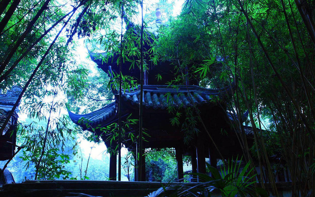 Chengdu 桌布 壁紙 — 一座傳統中式亭閣，彎曲的飛簷從茂密的竹林在清涼的藍綠色光線中顯現。