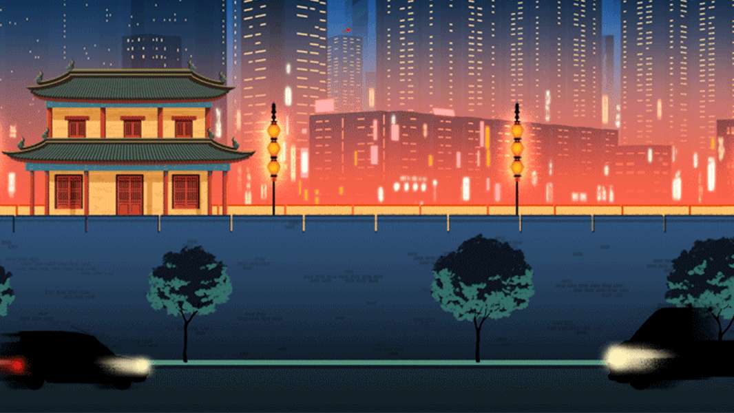 8位元日本 桌布 壁紙 — 一座傳統中式亭閣矗立於河邊，夜晚被溫暖的燈光照亮，背景是閃爍的城市天際線和來往的車輛。