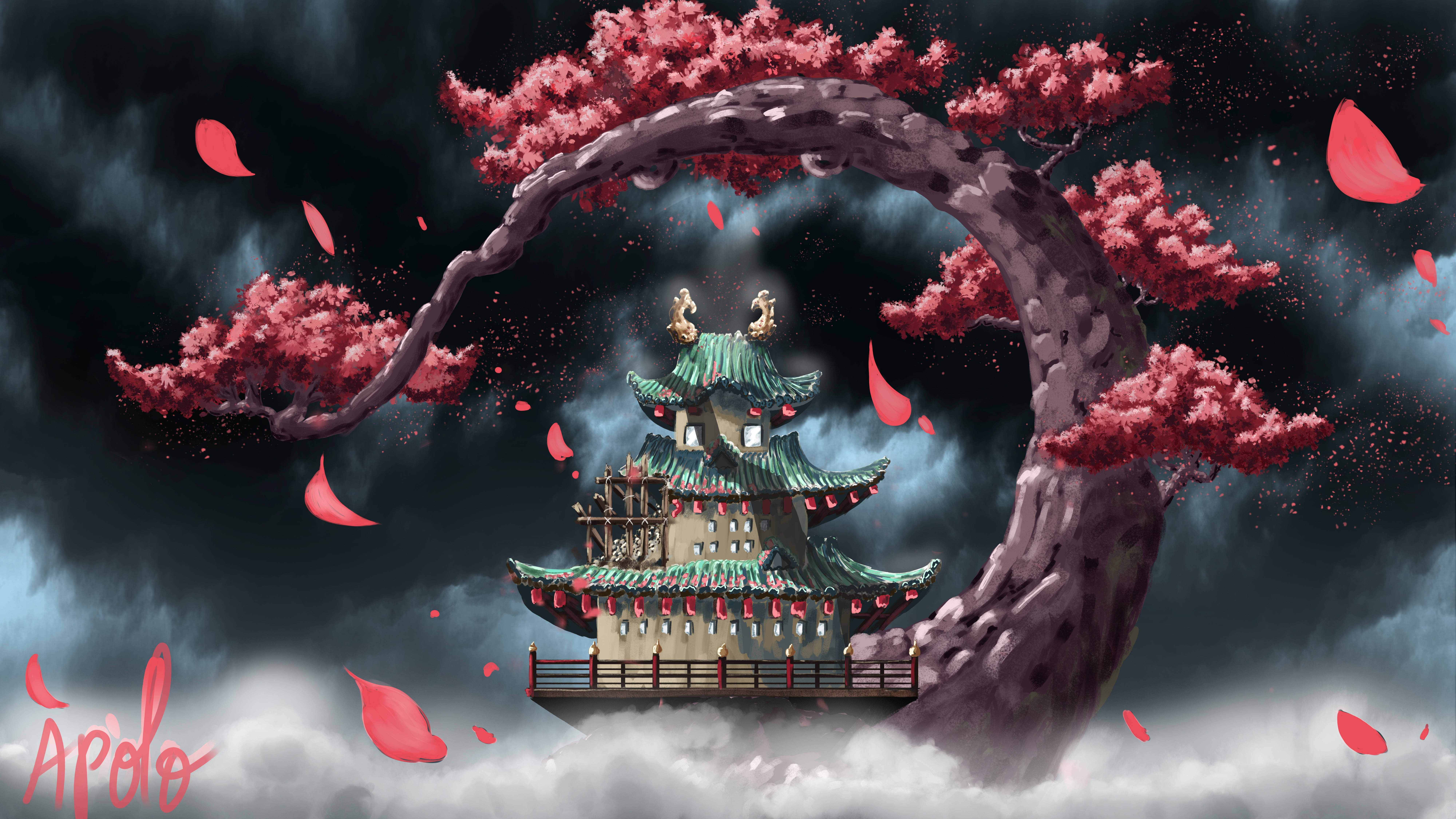 海賊王 桌布 壁紙 — 一座傳統寶塔漂浮在旋轉的雲霧中，被一棵巨大的櫻花樹和飄落的粉紅色花瓣所環繞。