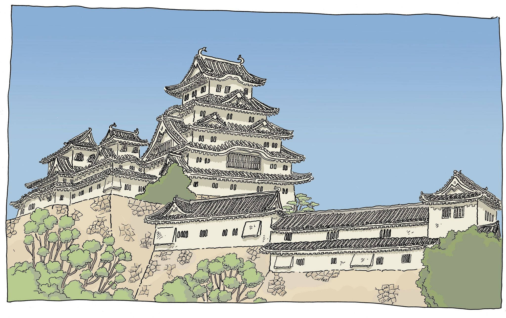 Himeji Castle 桌布 壁紙 — 一座傳統日本城堡，擁有層疊屋頂和石牆，矗立於被綠樹環繞的山丘上，在清澈的藍天下。