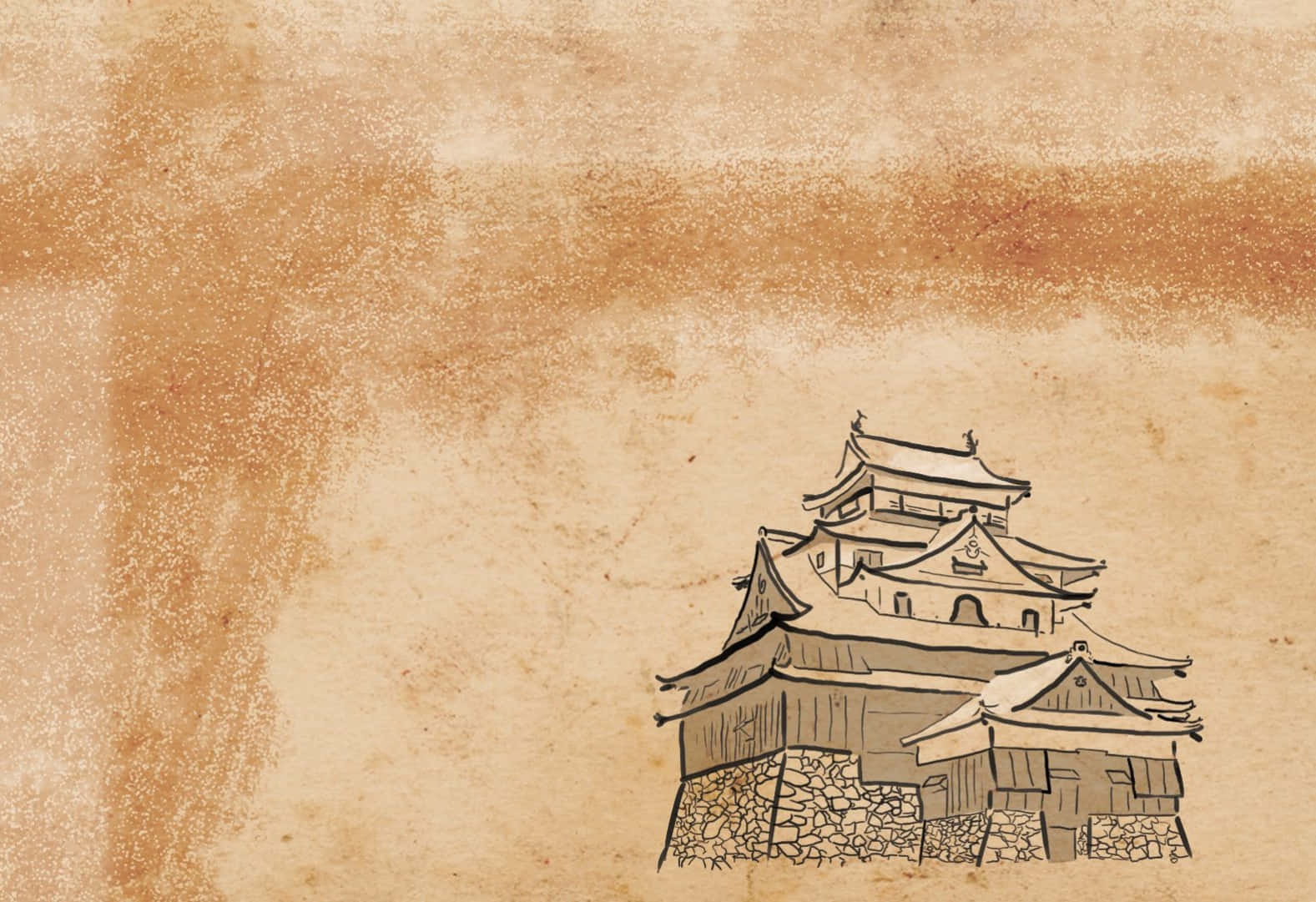 藝術 桌布 壁紙 — 一座傳統日本城堡，用黑色墨水在舊羊皮紙上繪製，帶有紋理棕色背景。