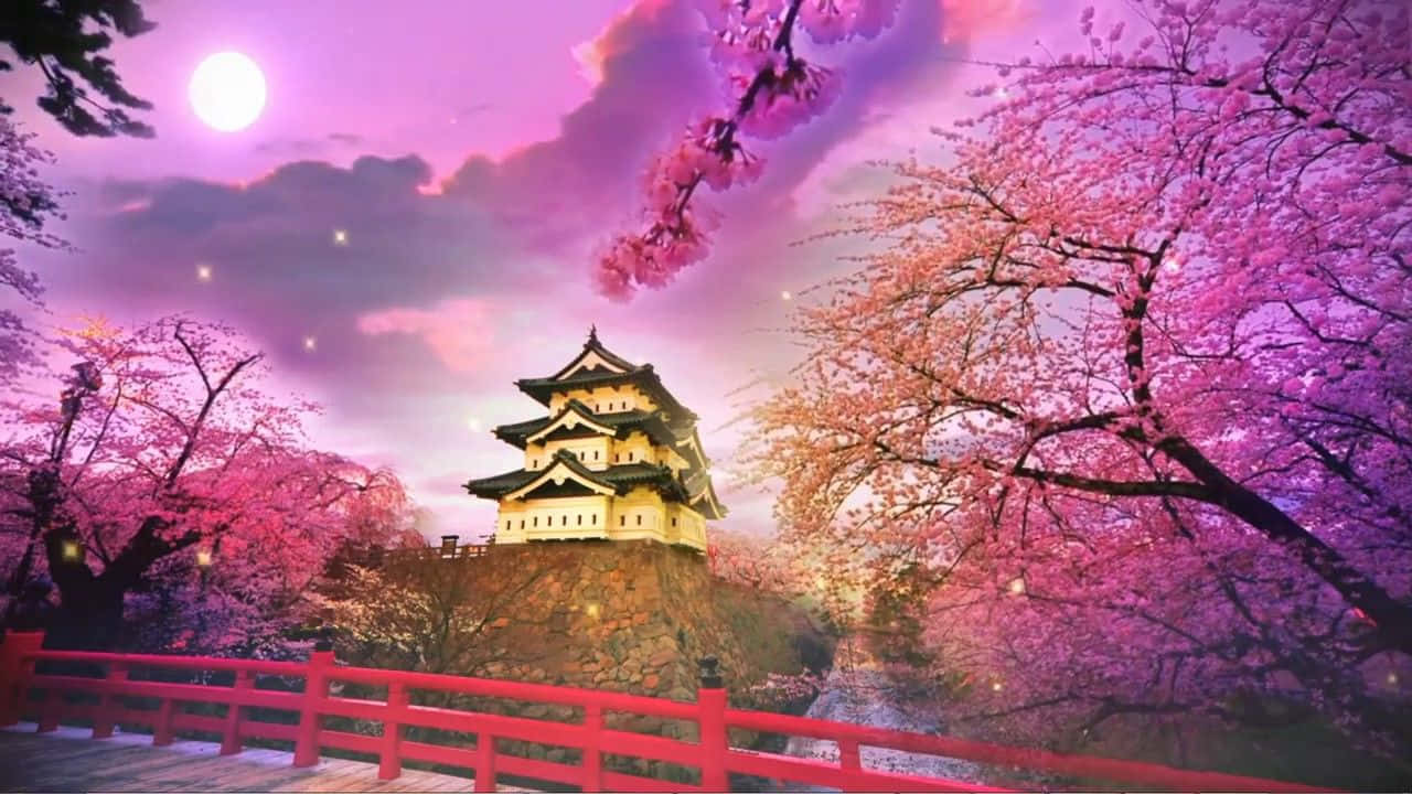 Cool Japanese Tree 桌布 壁紙 — 一座傳統日本城堡在明亮的滿月下被照亮，周圍環繞著鮮豔的粉紅色櫻花。