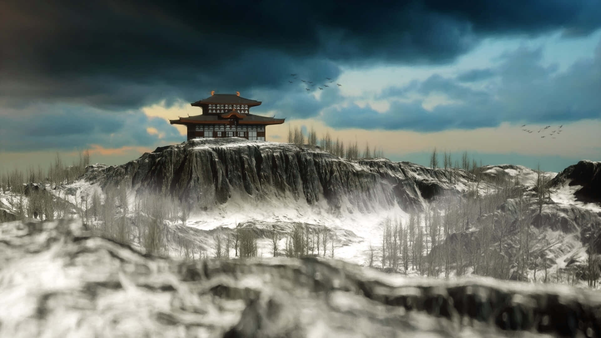 Tokugawa 桌布 壁紙 — 一座傳統日本寶塔棲息在白雪覆蓋的懸崖頂上，下方是戲劇性的暴風雨天空，鳥兒飛翔。
