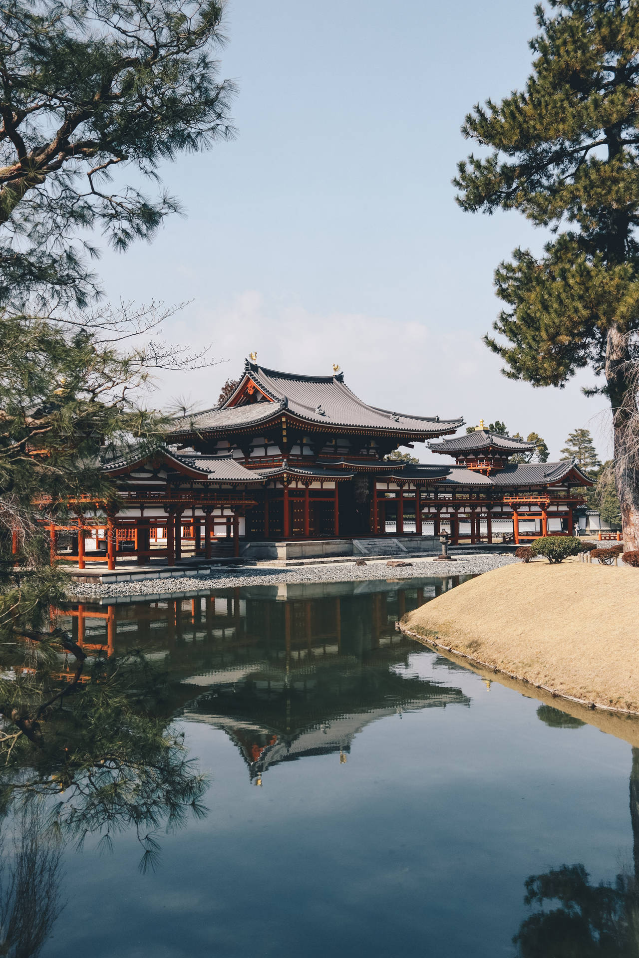 晴朗日子裡，一座日本寺廟倒映在松樹環繞的池塘中。 — 日本國旗 壁紙