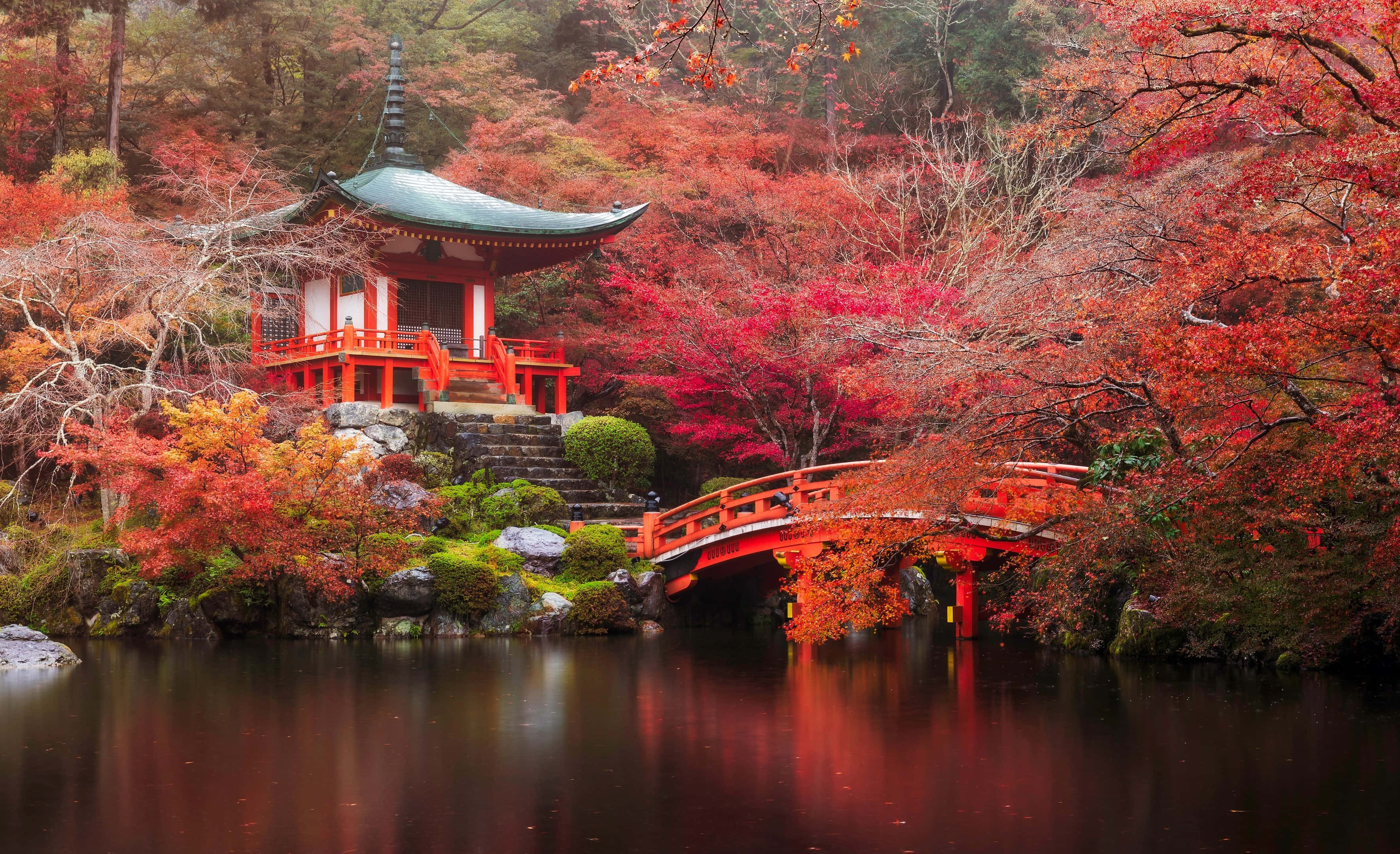 日本 桌布 壁紙 — 一座傳統日本寺廟和紅色拱橋倒映在平靜的水面上，周圍環繞著鮮豔的秋葉。