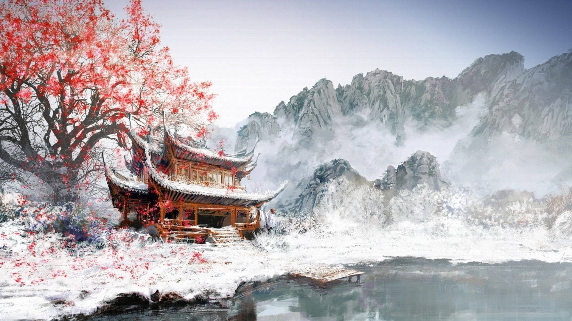 日本 桌布 壁紙 — 一座傳統木亭坐落於雪河旁，上方是盛開的紅色花樹，背景是霧氣繚繞的山巒。