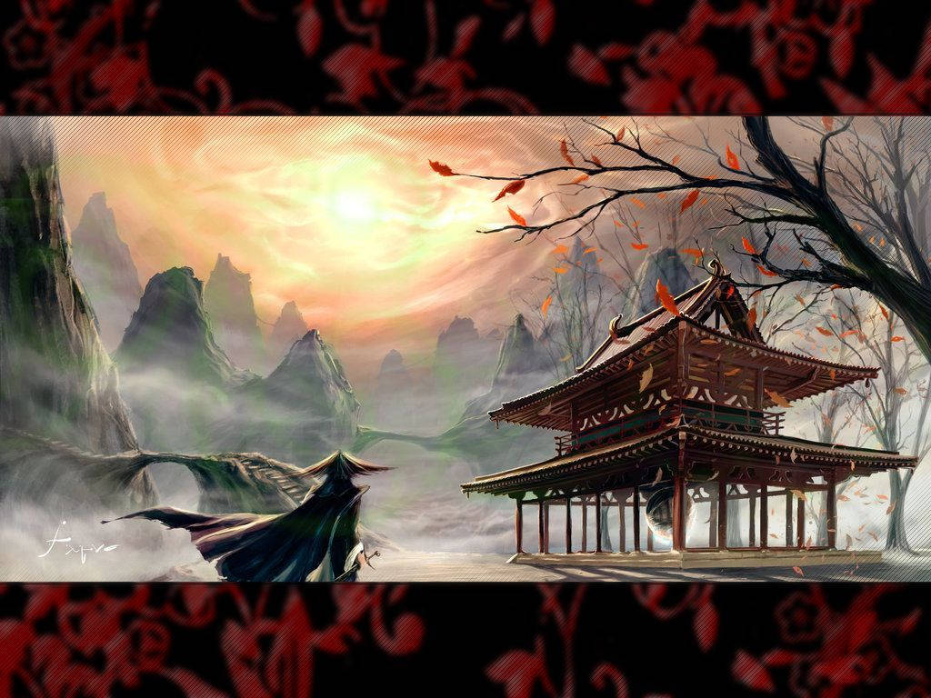 日式 桌布 壁紙 — 一座傳統木亭靜靜地矗立在霧氣繚繞的山巒旁，秋葉在絢麗的夕陽天空下飄落。