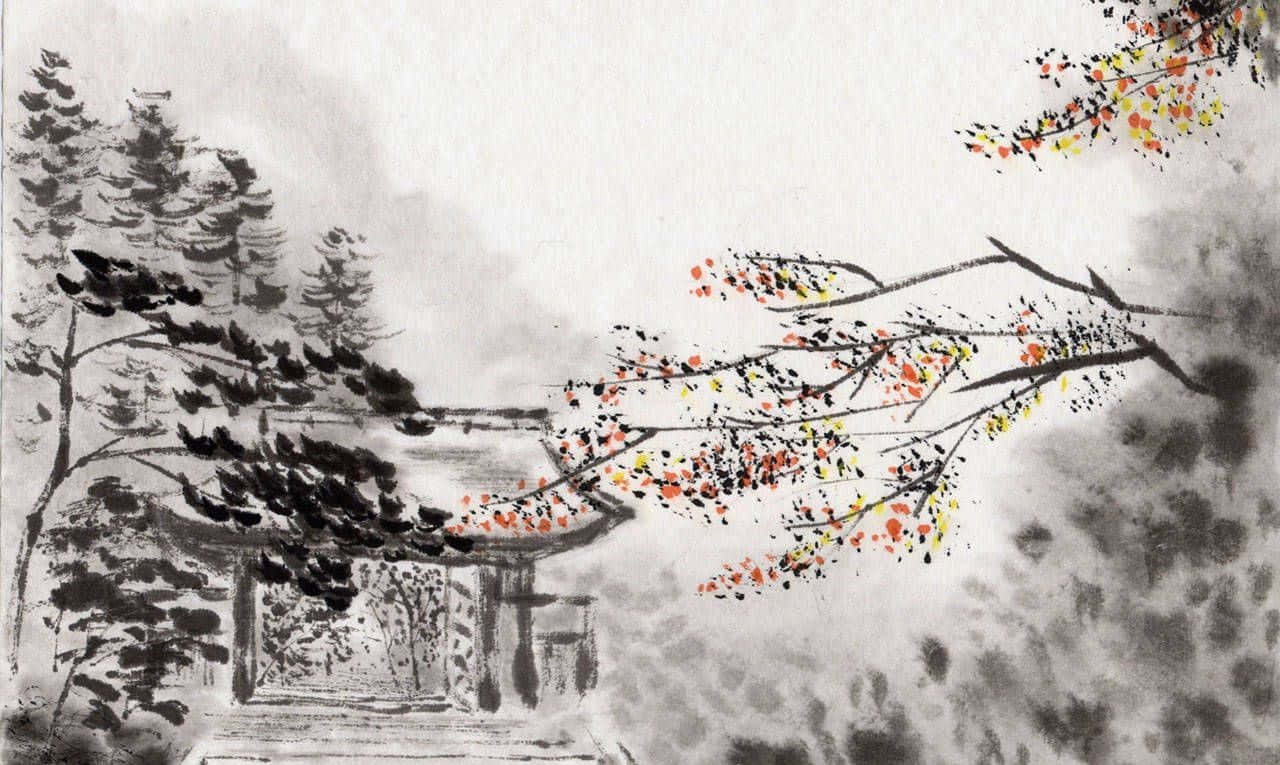 Painting 桌布 壁紙 — 一座傳統東亞亭閣坐落在煙霧繚繞的山巒中，秋葉呈現鮮豔的紅色和黃色。