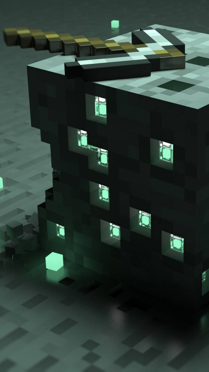 我的世界 高畫質壁紙 桌布 壁紙 — 一座像素化Minecraft風格建築，帶有發光的綠色窗戶和屋頂上的金色劍。