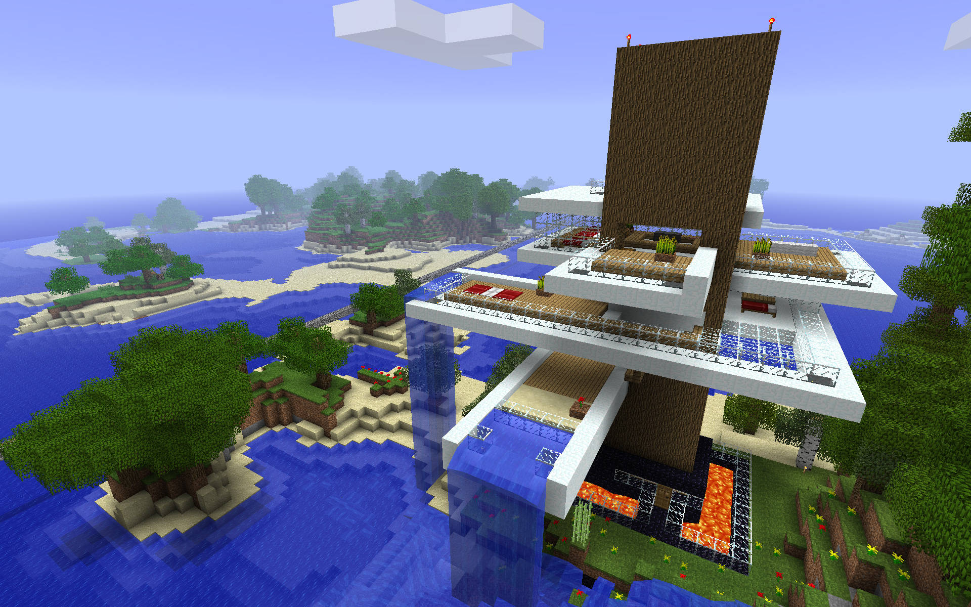 我的世界 桌布 壁紙 — 一座像素化的Minecraft豪宅，矗立於海洋島嶼上的高蹺上，周圍有茂密的樹木和漂浮平台。