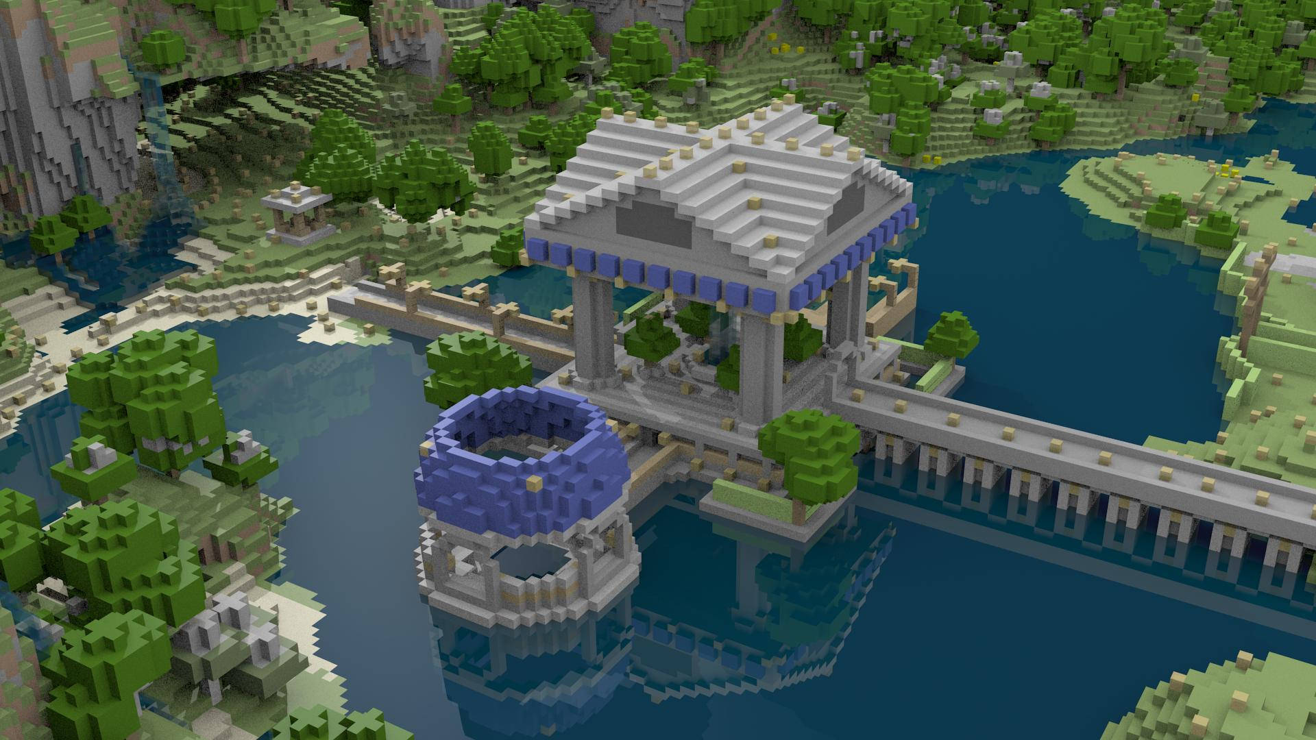 Minecraft Aesthetic 桌布 壁紙 — 一座像素化的Minecraft風格寺廟，藍色屋頂和柱子，位於一座橋上，橫跨平靜的藍色湖泊，周圍是綠色方塊森林。