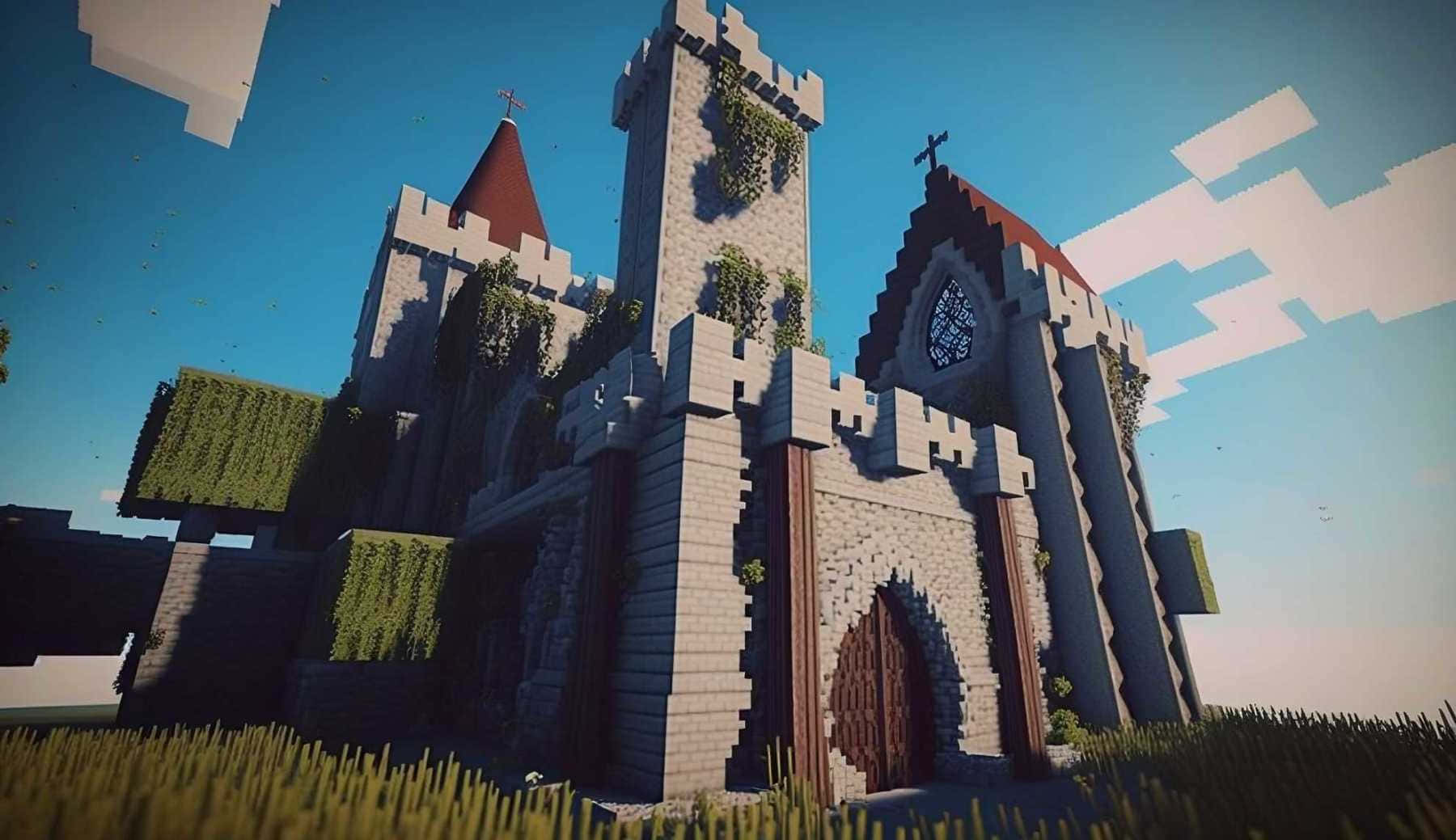 Minecraft Castles 桌布 壁紙 — 一座像素化的石頭城堡，有常春藤覆蓋的塔樓和木門，矗立在明亮的藍天下，有塊狀雲朵。