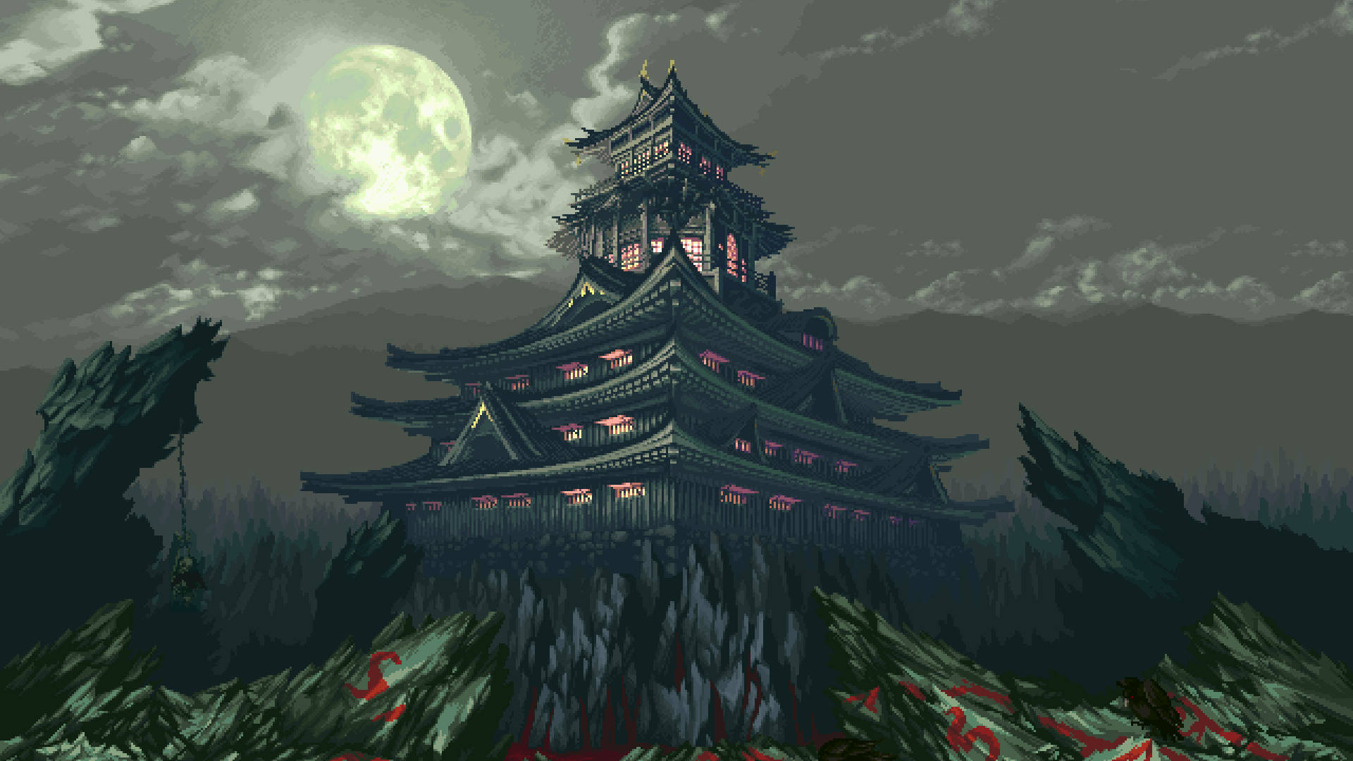 像素藝術 桌布 壁紙 — 一座像素藝術的日本城堡坐落在懸崖上，下方是發光的滿月、紅色發光的窗戶和黑暗的森林。