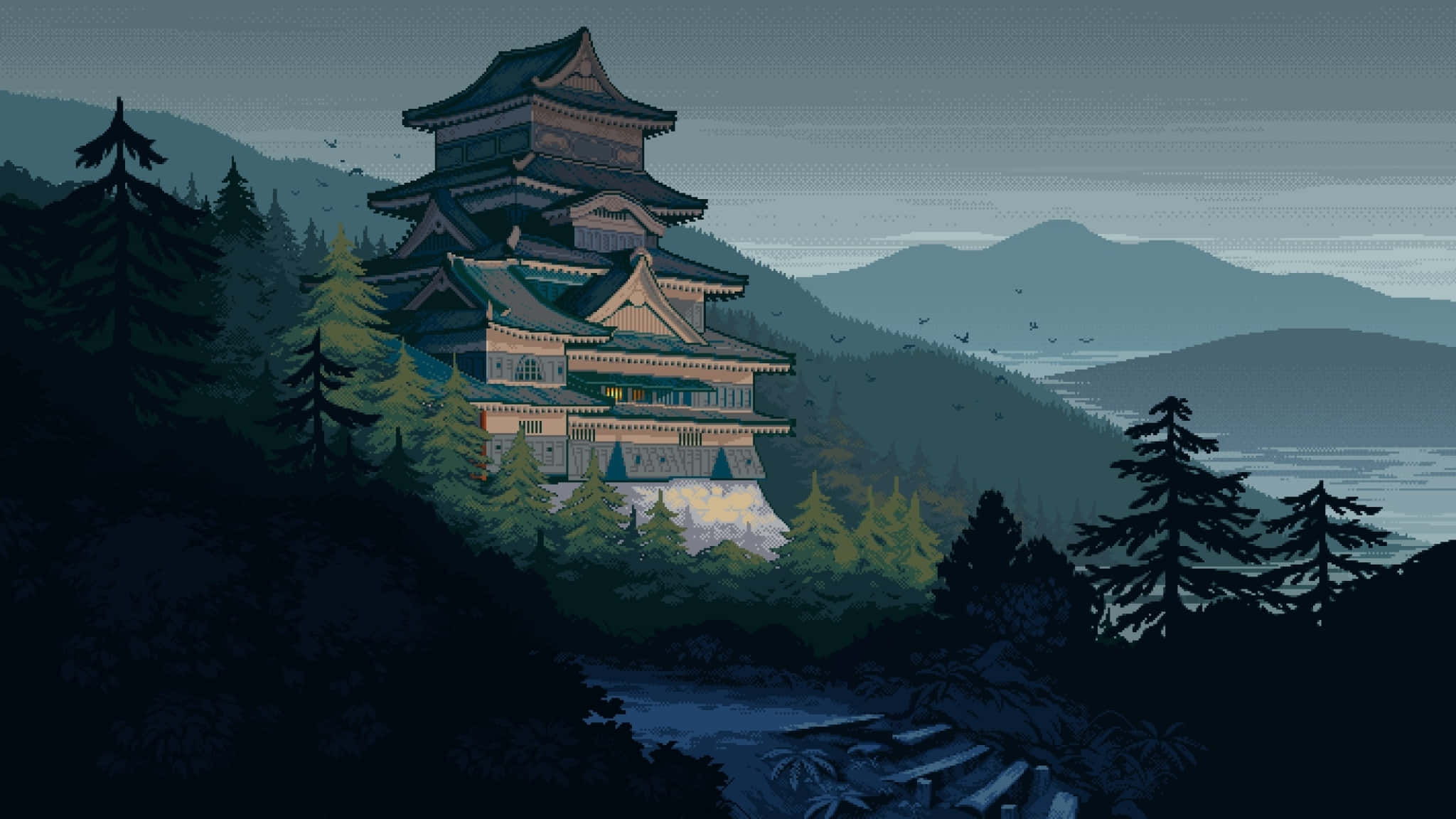 桌布 壁紙 — 一座像素藝術風格的日本城堡，坐落在黃昏時分的森林山丘上，鳥兒飛過，遠山連綿。