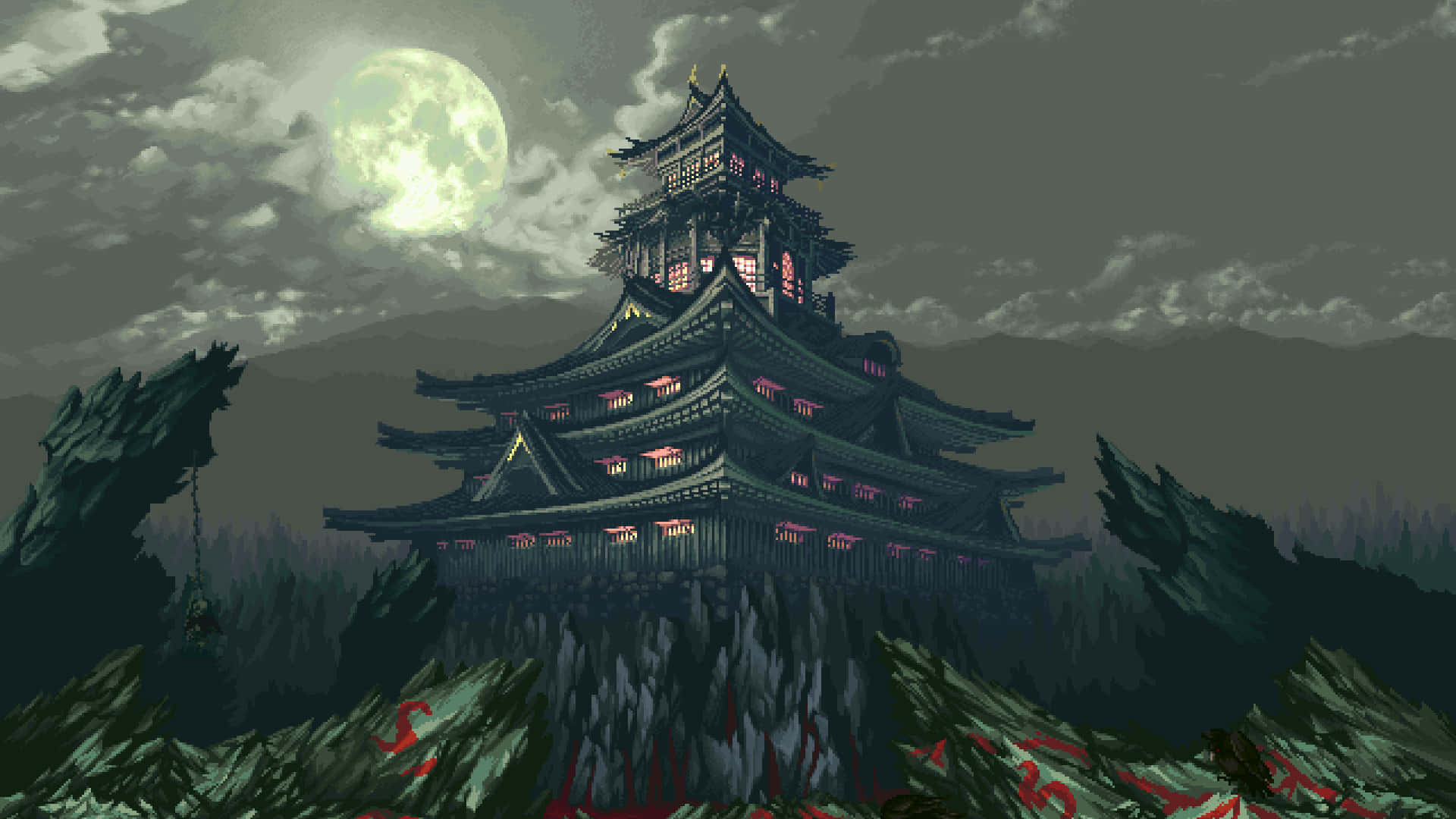 Cute Pixel Desktop 桌布 壁紙 — 一座像素藝術風格的日本城堡，坐落在懸崖上，下方是發光的滿月，帶有烏雲和紅色點綴。
