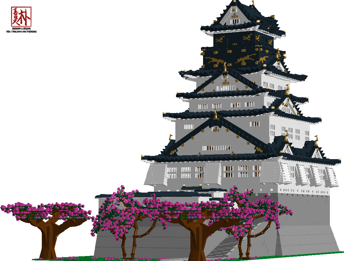 大阪 桌布 壁紙 — 一座像素藝術風格的日本城堡，擁有黑色屋頂和金色點綴，矗立在盛開的粉紅色櫻花樹後方。