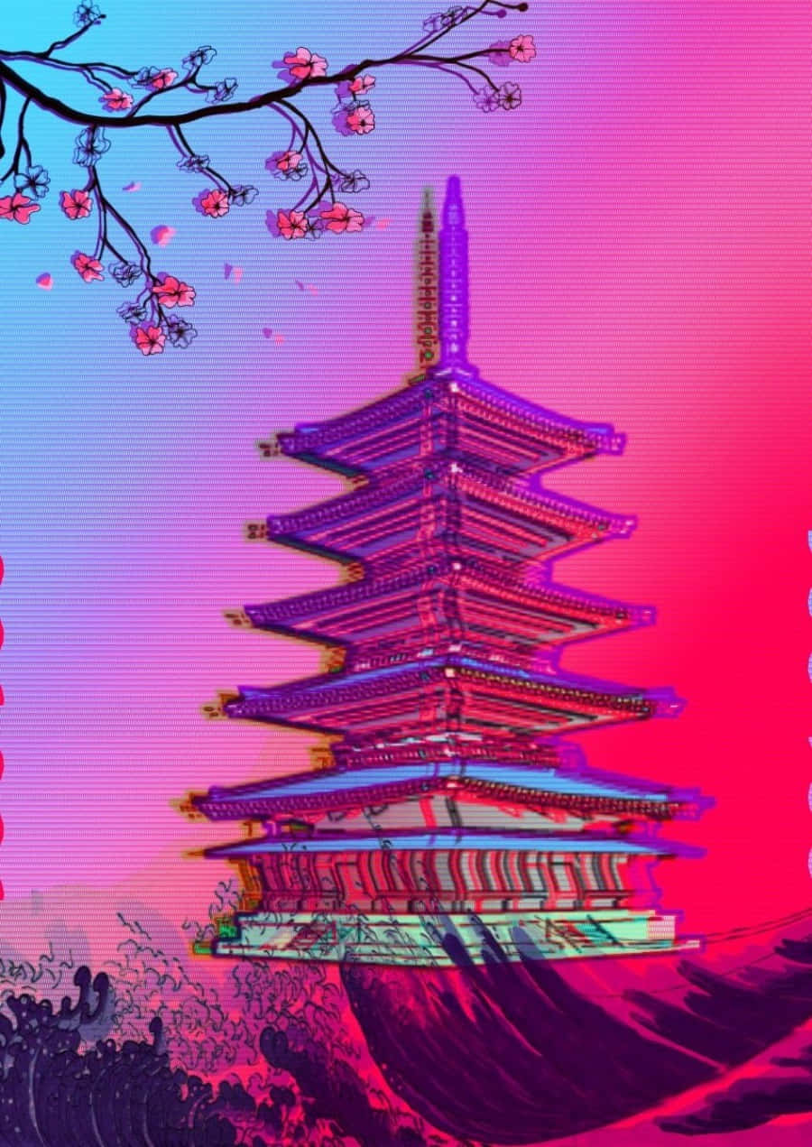美學粉色GIF 桌布 壁紙 — 一座充滿活力的動漫風格寶塔，矗立在粉紅和藍色漸變的天空下，櫻花飄落。