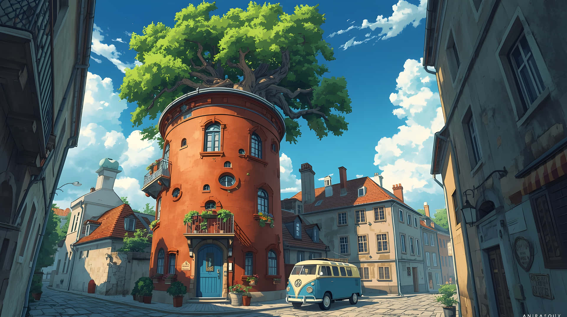 Fantasy Red Tower House with Giant Green Tree Wallpaper 壁紙 — 一座充滿活力的橙色塔樓房屋，頂部有一棵巨大的綠色樹木，矗立在陽光明媚的歐洲街道上，旁邊是一輛復古藍色貨車。