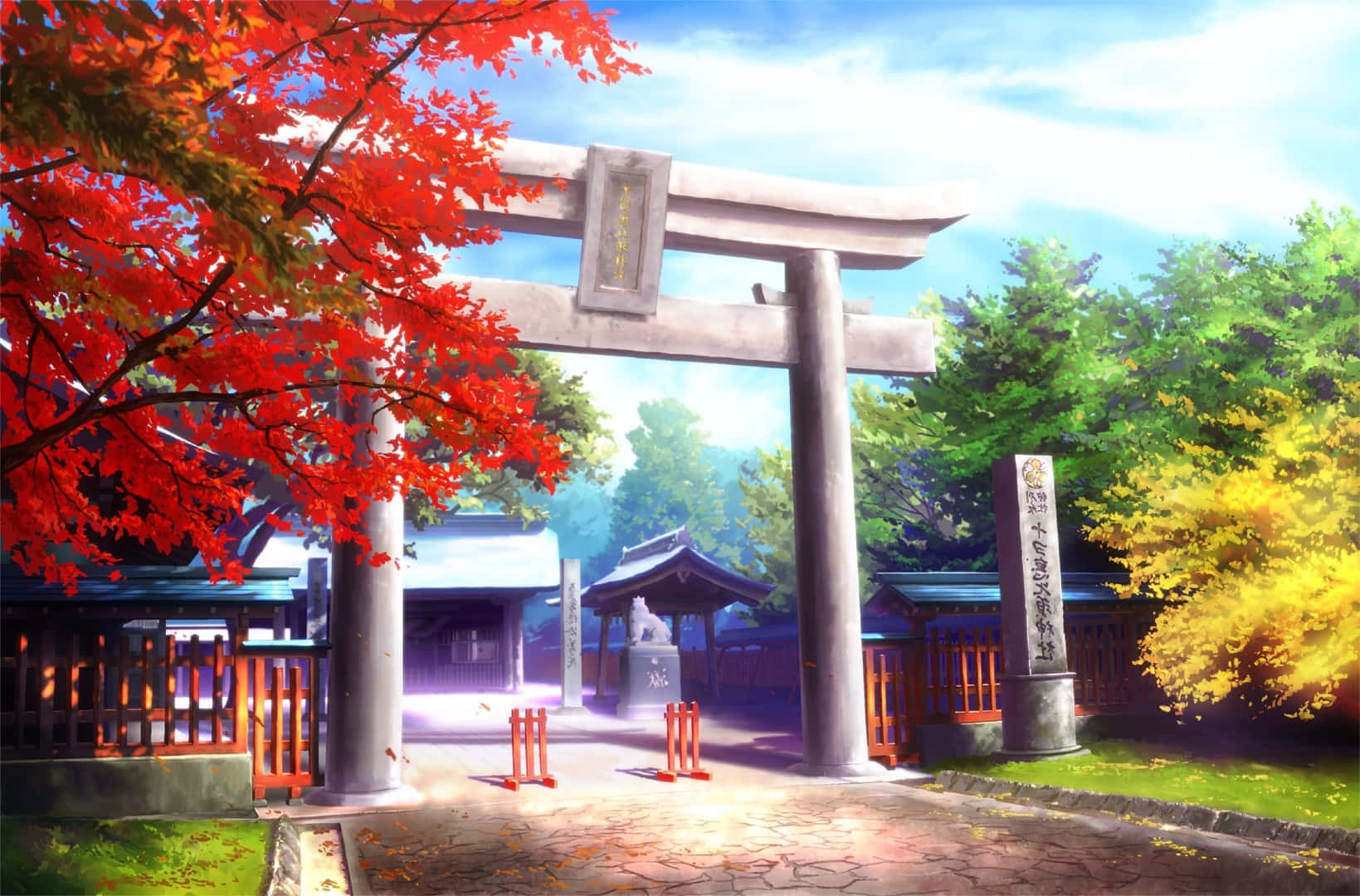 動畫 桌布 壁紙 — 一座充滿活力的秋日神社大門，被火紅的楓葉和金黃的樹葉環繞，在明亮的藍天下。