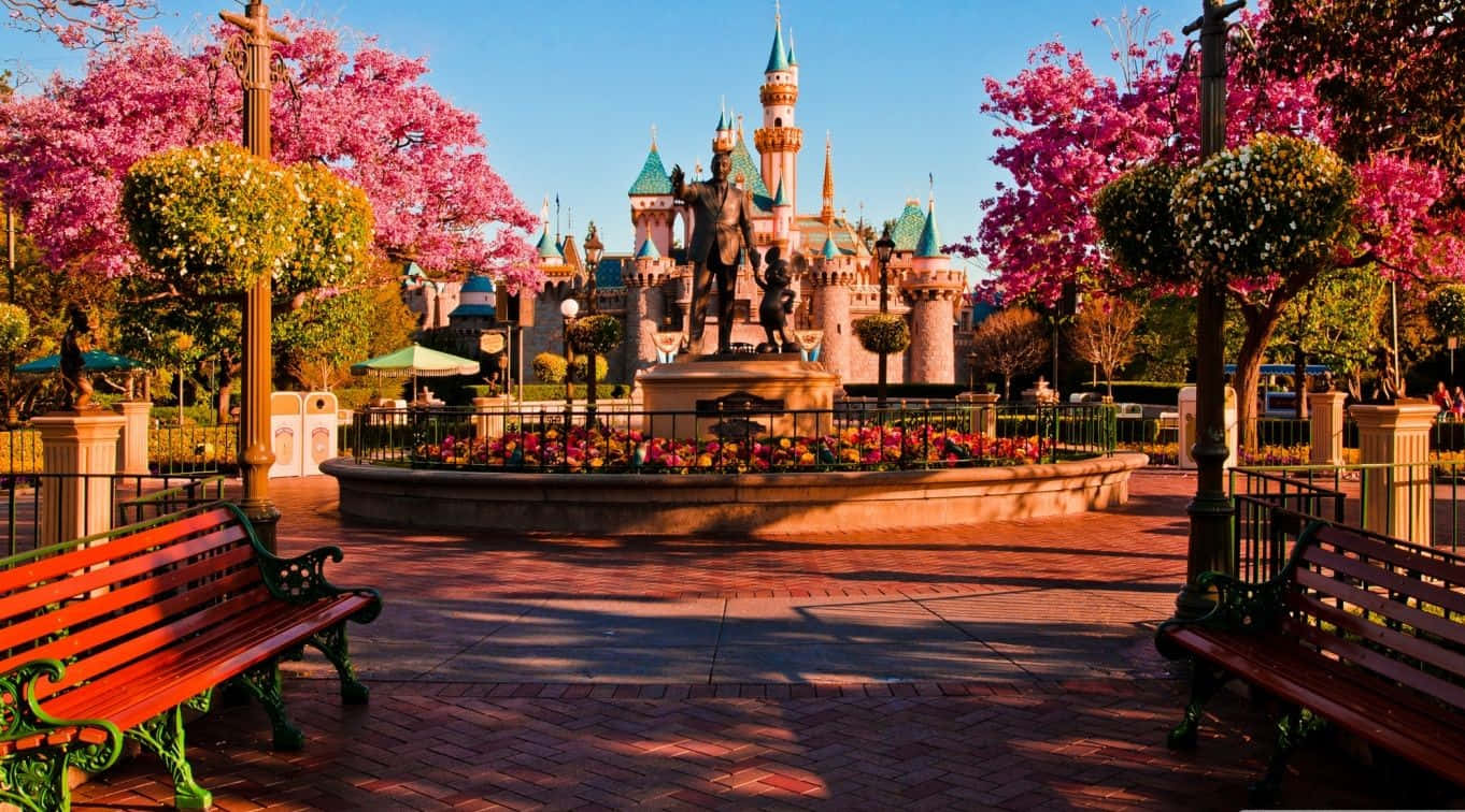 1366x768 Disney 桌布 壁紙 — 一座充滿活力的迪士尼城堡，在金色夕陽下被粉紅色的開花樹木和紅色長椅環繞。
