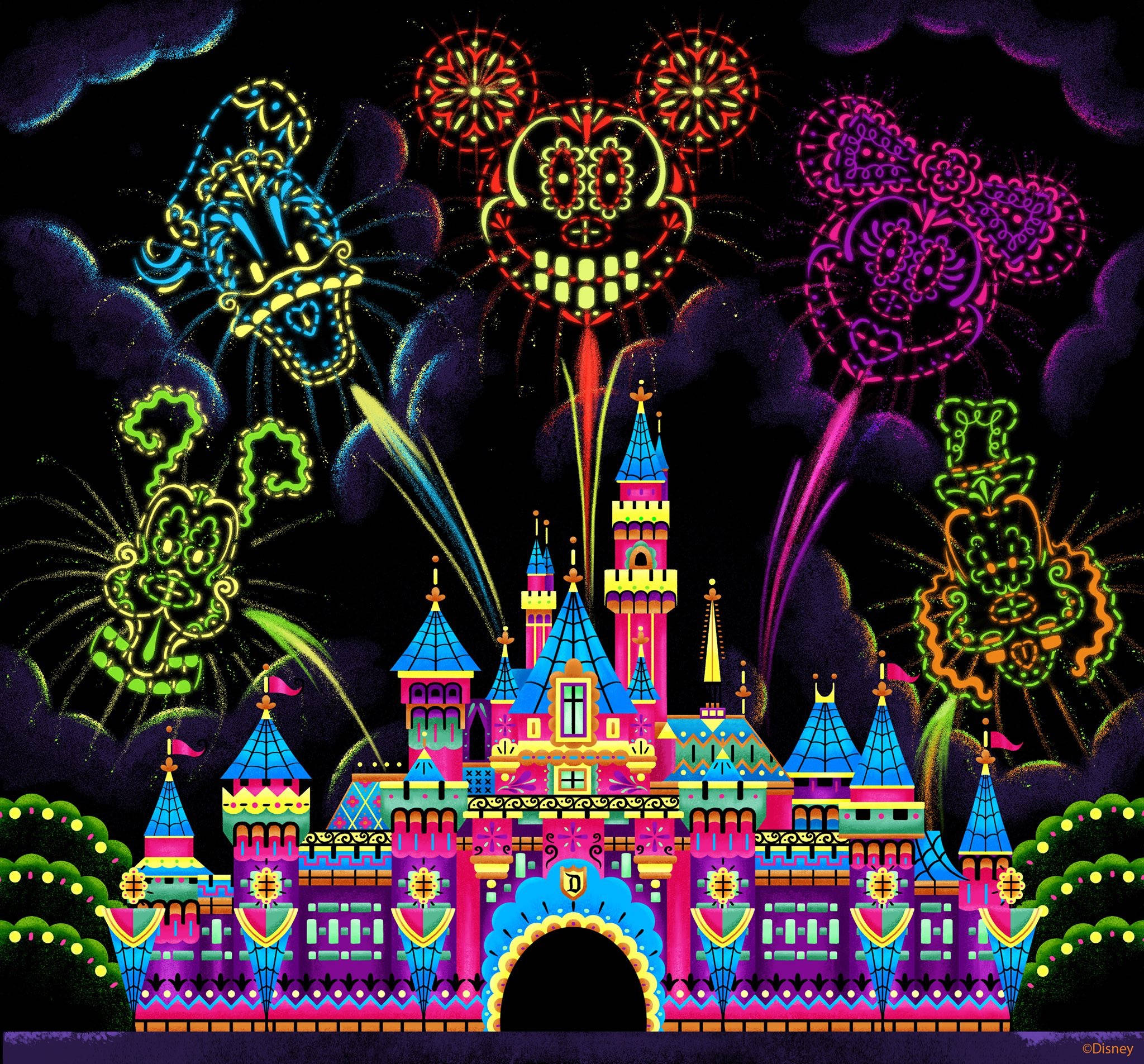 Dia De Los Muertos 桌布 壁紙 — 一座充滿活力的迪士尼城堡，在黑暗的天空下被色彩繽紛的亡靈節主題煙火照亮。