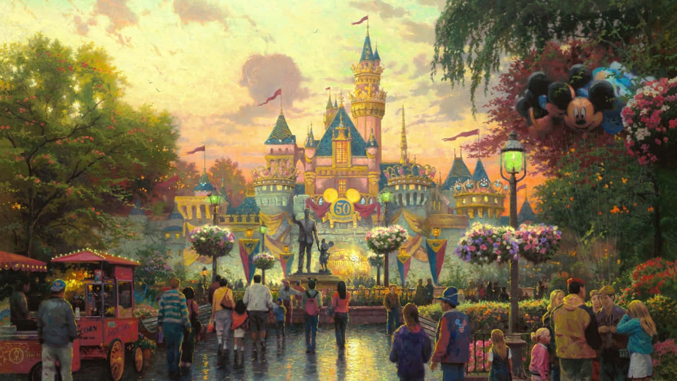 1366x768 Disney 桌布 壁紙 — 一座充滿活力的迪士尼城堡沐浴在金色的日落光芒中，周圍有大量遊客和節日裝飾。